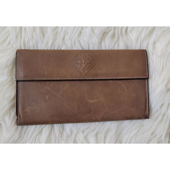 Vintage Amity Cowhide Leather Brown Embossed Trifold Wallet - Picture 1 of 7